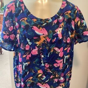 Counterparts Abstract Floral Scoop Neck Top in Blue, Pink & Orange